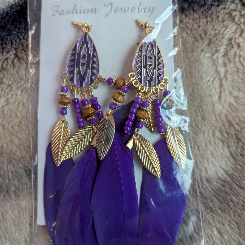 Purple and Gold Feather Earrings